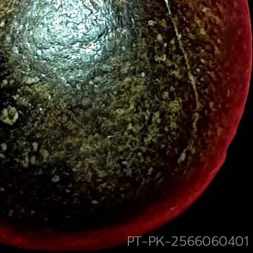 100× magnification — Phra Pidta by Luang Phor Kaew, freestanding statuette