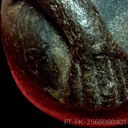 100× magnification — Phra Pidta by Luang Phor Kaew, freestanding statuette