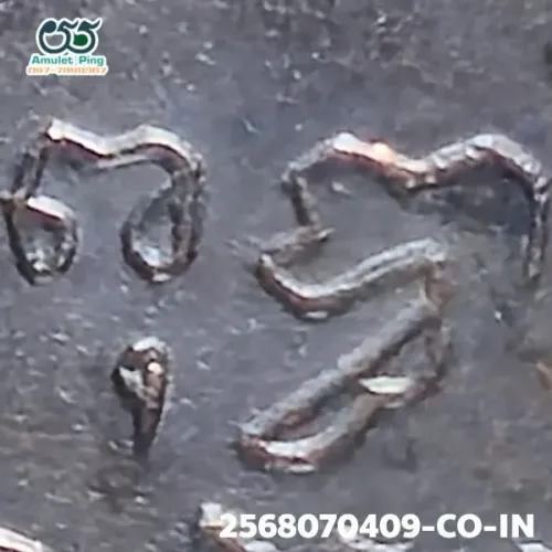 100× magnification — Luang Phor Sothon coin, first batch (Run Raek), Blackened
