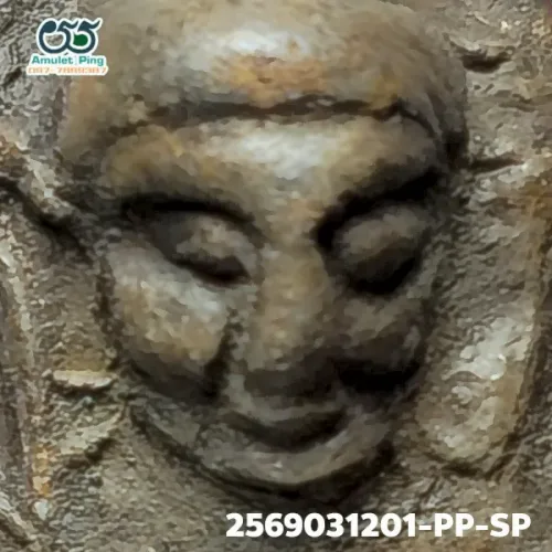 100× magnification — Phra Mahathera Piyathassi amulet, old face, Clay, Wat Phra