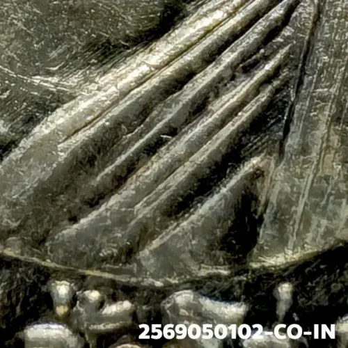 100× magnification — Luang Phor Thuad coin, Pha Pak (split mouth), Silver, Wat