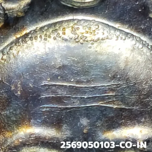 100× magnification — Luang Phor Thuad coin, Pha Pak (split mouth), Silver, Wat
