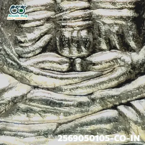 100× magnification — Luang Phor Thuad coin, Pha Pak (split mouth), Silver, Wat