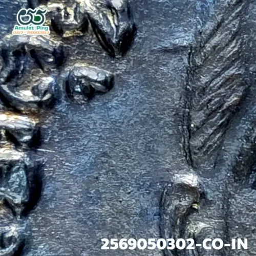 100× magnification — Luang Phor Thuad coin, small fish-roe dots, Blackened
