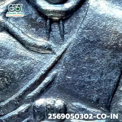 100× magnification — Luang Phor Thuad coin, small fish-roe dots, Blackened