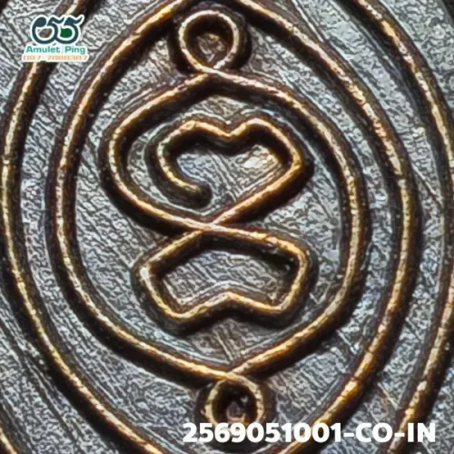 100× magnification — Luang Phor Klan coin, Phim Sian Tong back, Copper, Wat Phra
