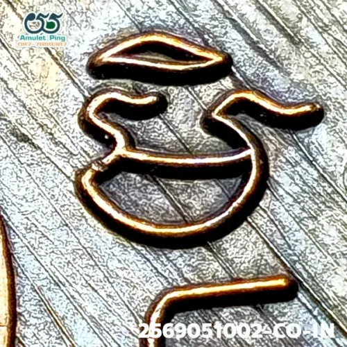 100× magnification — Luang Phor Klan coin, Phim Sian Tong back, Copper, Wat Phra