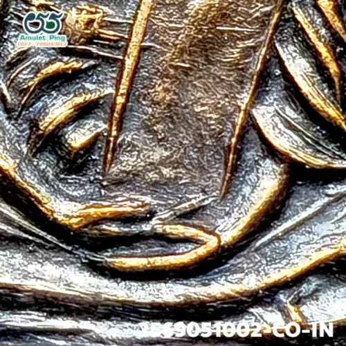 100× magnification — Luang Phor Klan coin, Phim Sian Tong back, Copper, Wat Phra