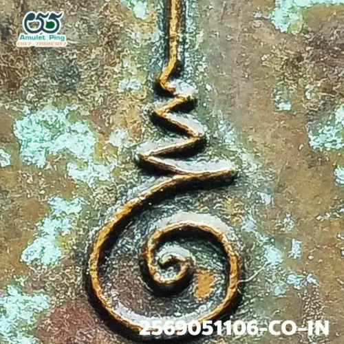100× magnification — Luang Pu Iam coin, 4-dot, Copper, Wat Nang, BE 2467