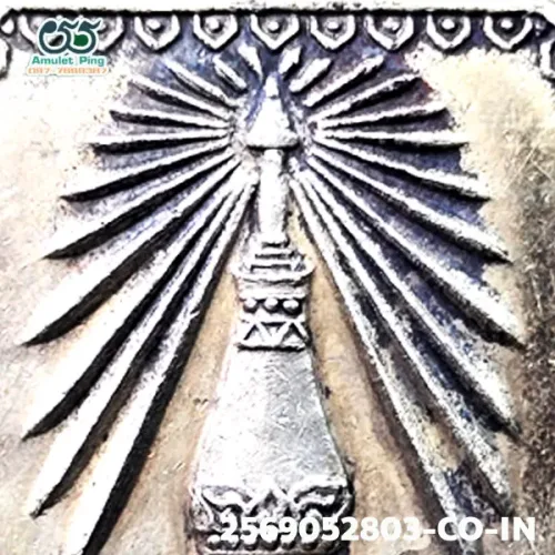 100× magnification — Phra That Phanom coin, Phim round chedi, Silver, Wat Phra