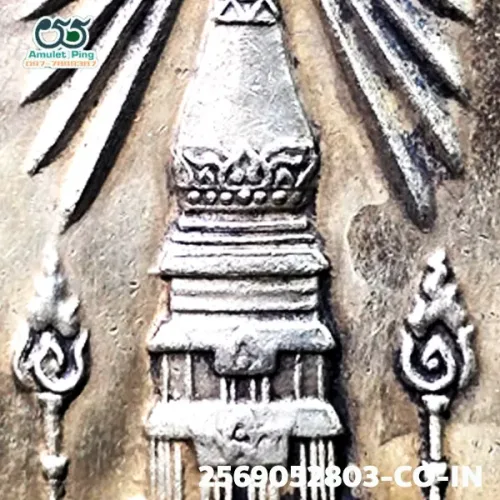 100× magnification — Phra That Phanom coin, Phim round chedi, Silver, Wat Phra