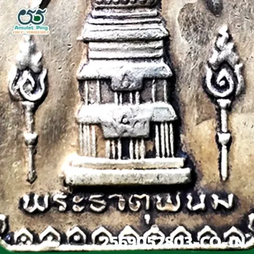 100× magnification — Phra That Phanom coin, Phim round chedi, Silver, Wat Phra