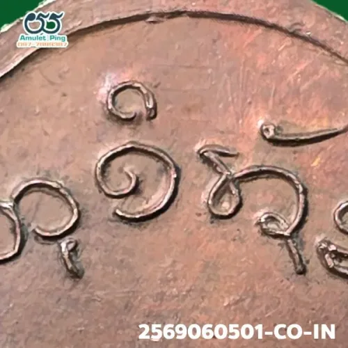 100× magnification — Luang Pu Phang coin, Phim Sara A block, Copper, Wat Udom