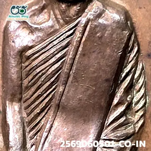 100× magnification — Luang Pu Phang coin, Phim Sara A block, Copper, Wat Udom