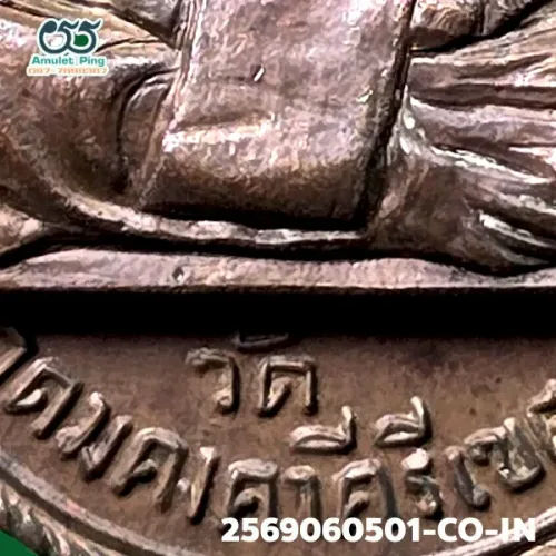 100× magnification — Luang Pu Phang coin, Phim Sara A block, Copper, Wat Udom
