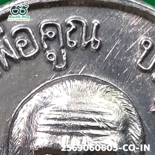 100× magnification — Luang Phor Koon coin, Charoen Phon Lang (text below)