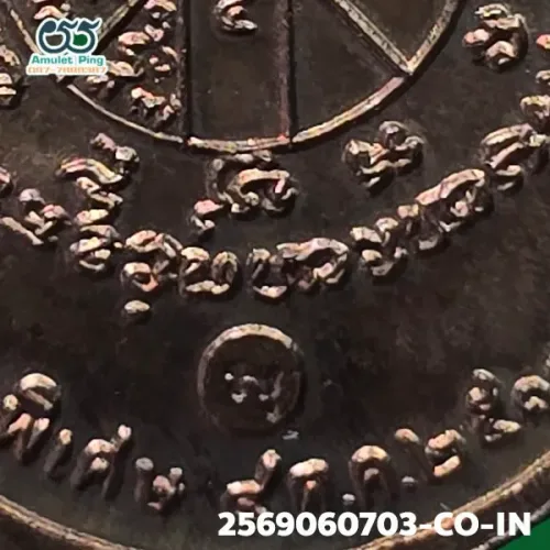 100× magnification — Luang Phor Koon coin, code "P R Th", Copper, Wat Ban Rai