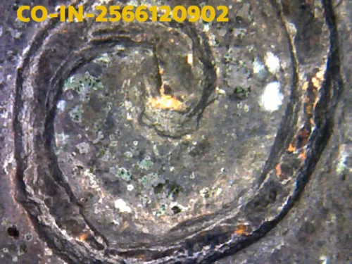 1000× magnification — Luang Pu Iam coin, 4-dot, Nawa (nine-metal alloy), Wat