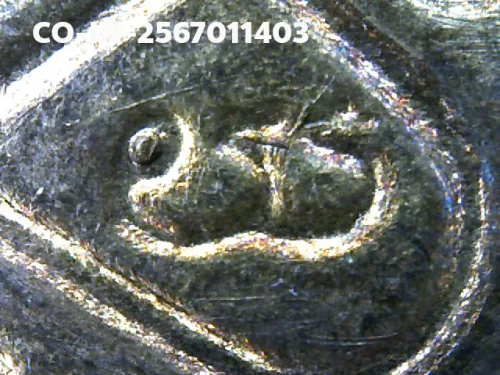 100× magnification — Luang Pu Tim amulet, Sema, 8th cycle (age 96), Copper, Wat