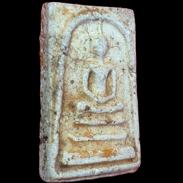 Somdej Toh amulet, Yai (large) Ket Talu Sum (topknot through the arch), Sacred powder (Phong), Wat — front, angled left