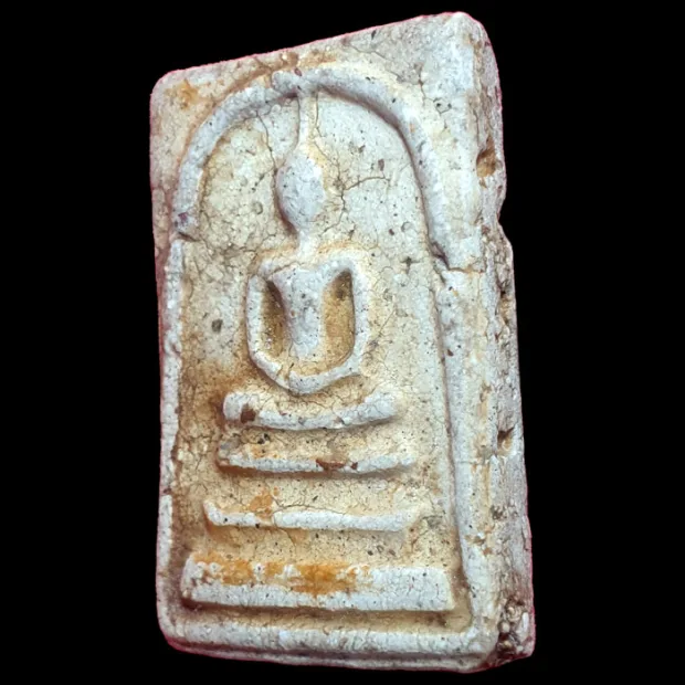 Somdej Toh amulet, Yai (large) Ket Talu Sum (topknot through the arch), Sacred powder (Phong), Wat — front, angled right