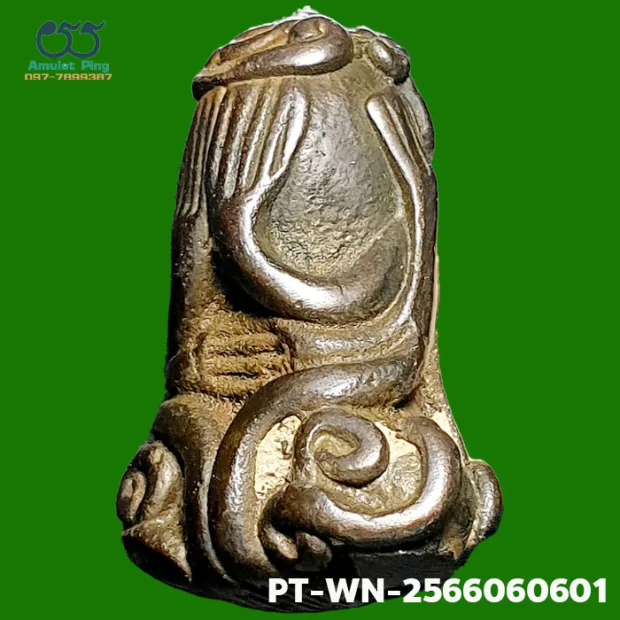 Luang Pu Iam statuette, Yant Yung, Na on the knee, Mixed alloy, Wat Nang, BE 2463 — front, angled left
