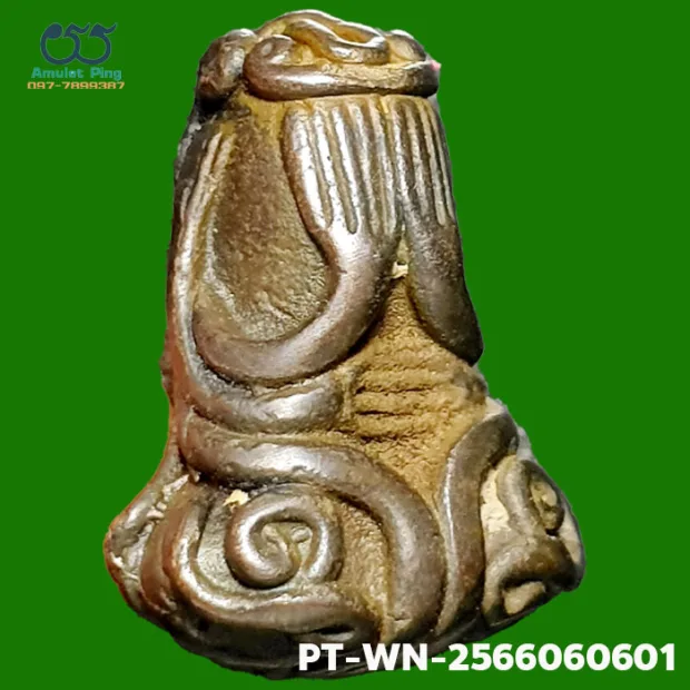Luang Pu Iam statuette, Yant Yung, Na on the knee, Mixed alloy, Wat Nang, BE 2463 — front, angled right